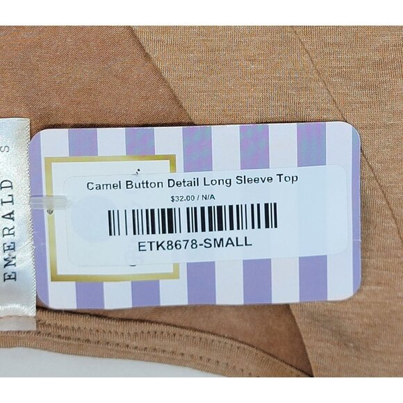 Emerald Long Sleeve Top V Neck Tan Camel 1/2 Button Down Detail Womens Small - Picture 5 of 6